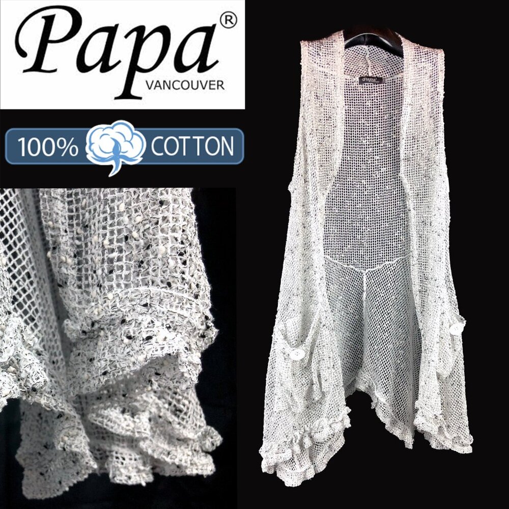 Papa Vancouver white/grey 100% cotton mesh cardigan hem frill and rise 2 pockets - Picture 5 of 8